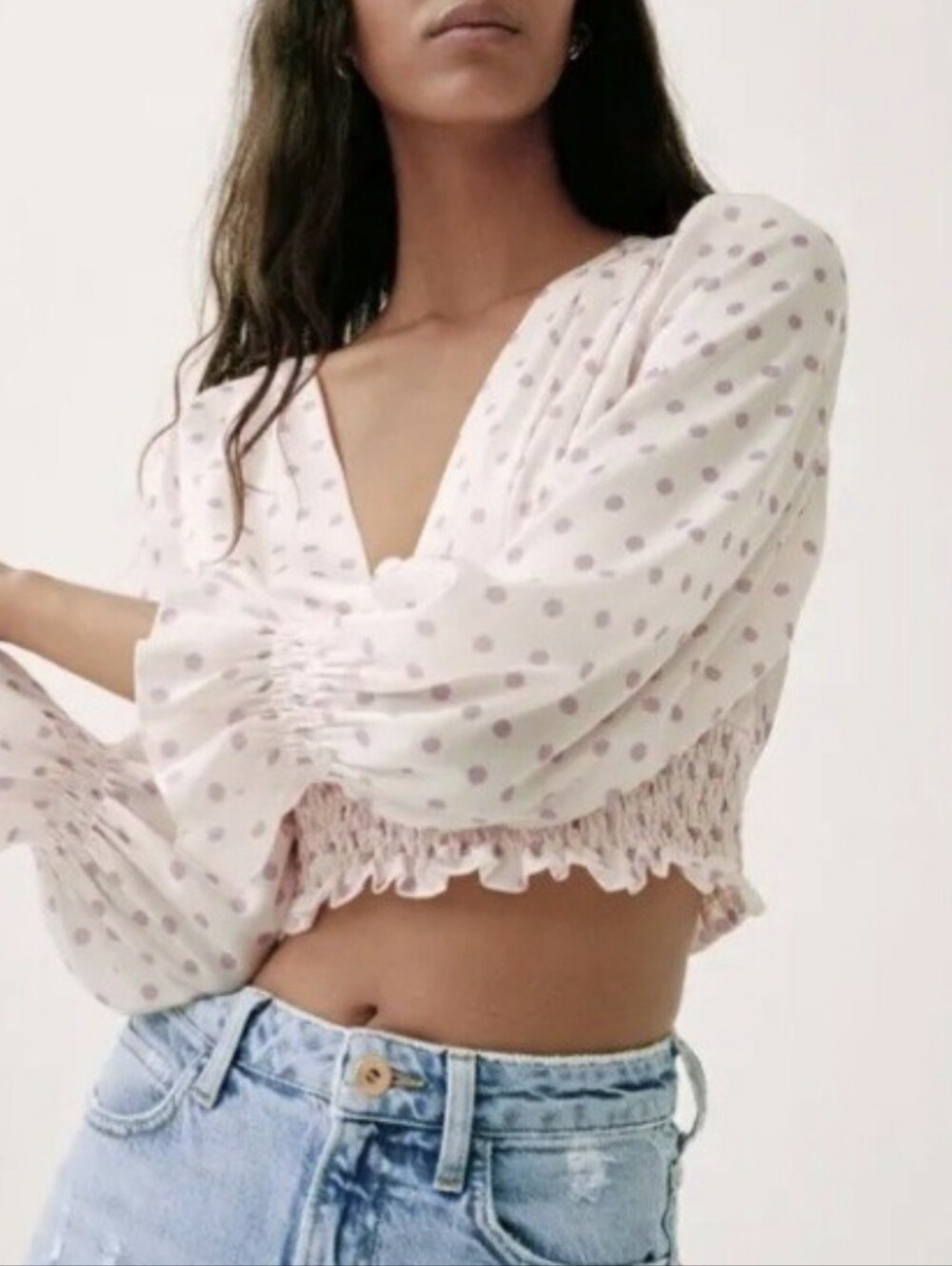 Zara Cream Blush Polka Dot V-Neck Smocked Waist Blouse Sz S